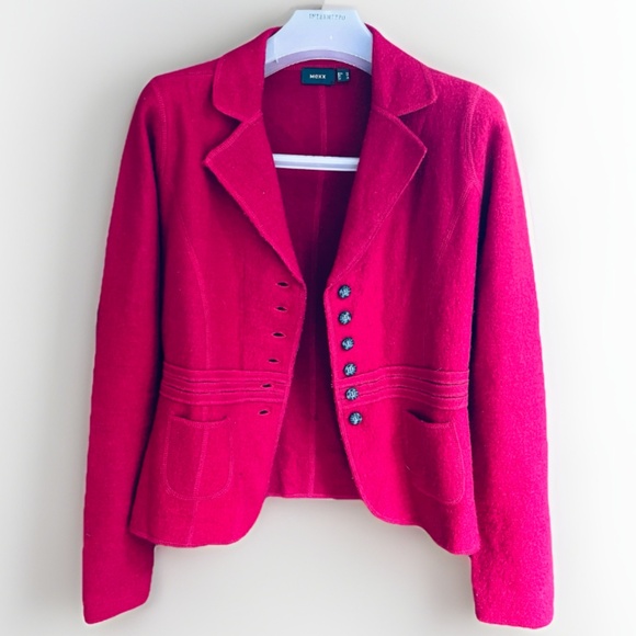 Mexx 10 Laine Felted Wool Fitted Red Jacket Buttons Closure Unlined Vintage M - Picture 1 of 15